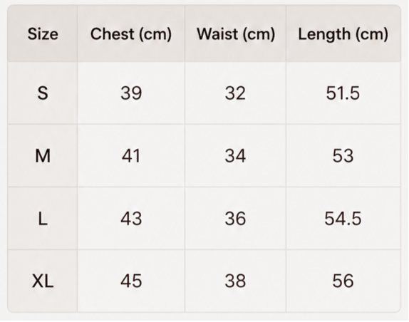 Size chart for clothing with measurements in centimeters